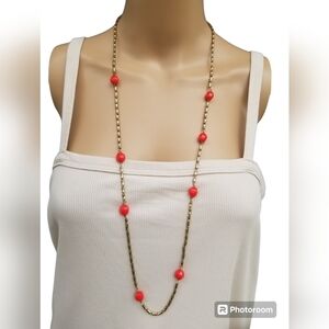 J.CREW LONG MATTE GOLDTONE CYLINDER BEAD & RED BEAD CHAIN NECKLACE